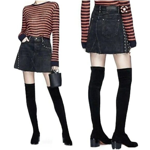 GRLFRND Eva's Studded Gusset A-Frame Black Denim Mini Skirt Sz 26 NWT - Picture 1 of 9